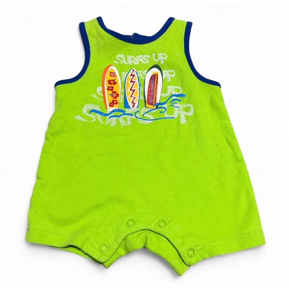Vintage Surf Romper 0-3 Months Green Surfboard Summer Outfit